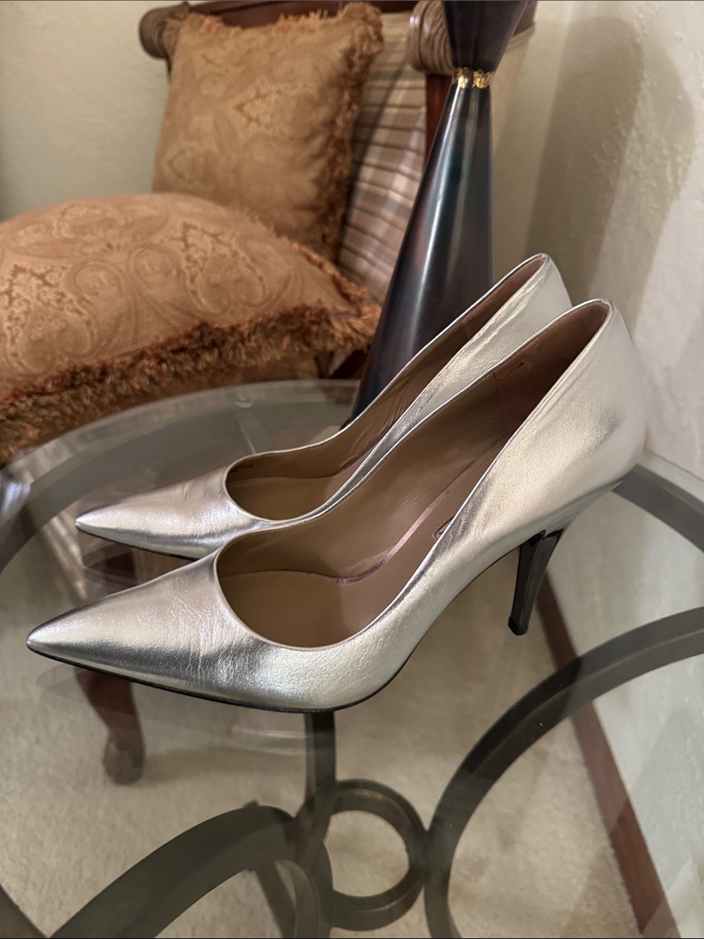 Via Spiga Silver Pointed-Toe Leather Pumps